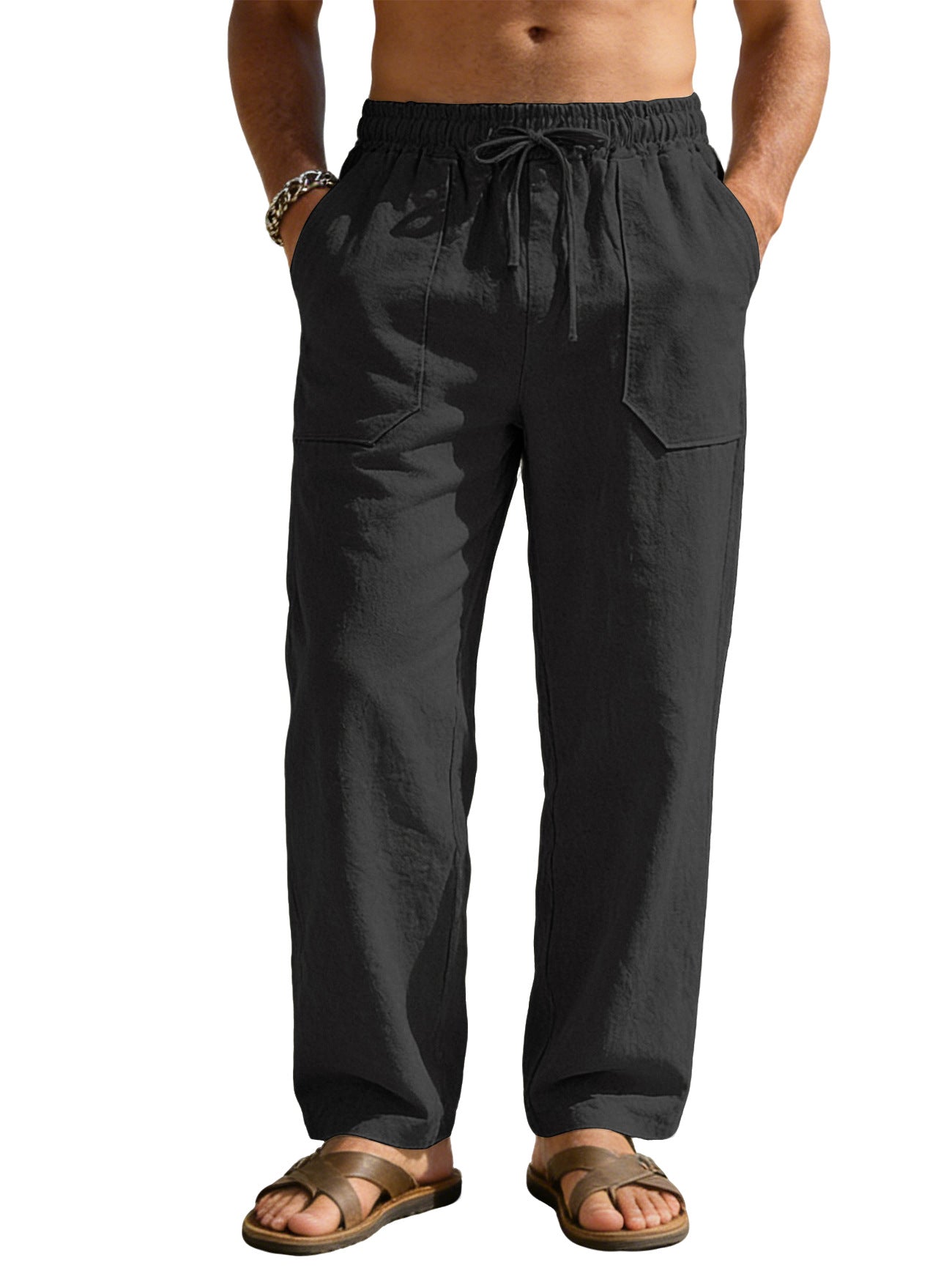 Men's Solid Color Wide Leg Full Length Casual Pants In Linen Fabric With Hip-Hop Style