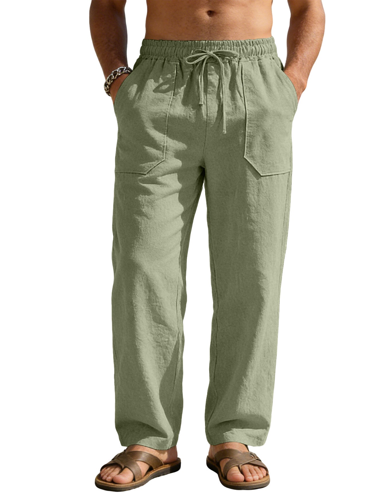 Men's Solid Color Wide Leg Full Length Casual Pants In Linen Fabric With Hip-Hop Style