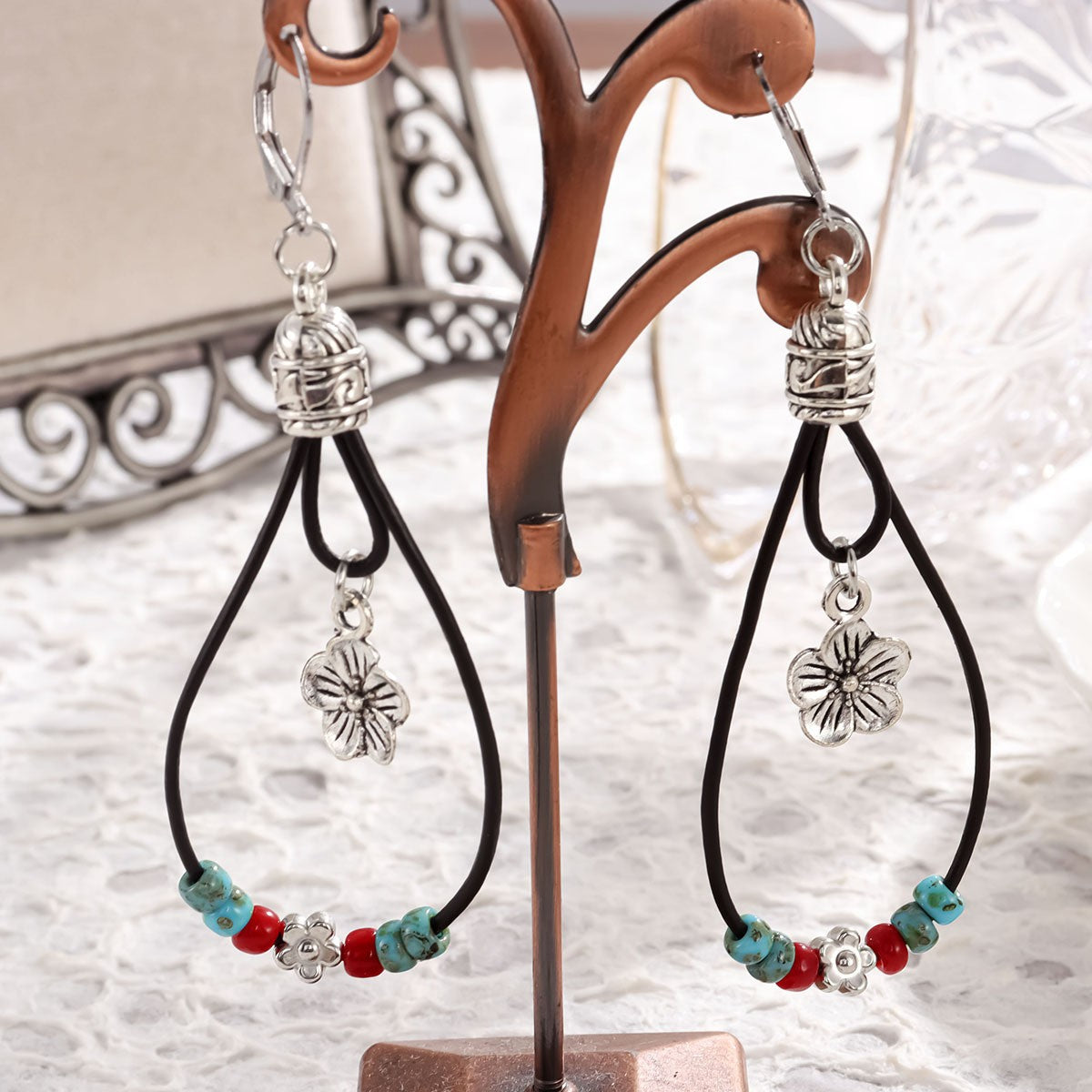 Bohemian Flowers Earrings For Women Featuring Beading Craft With Jade Inlay And Zinc Alloy Material