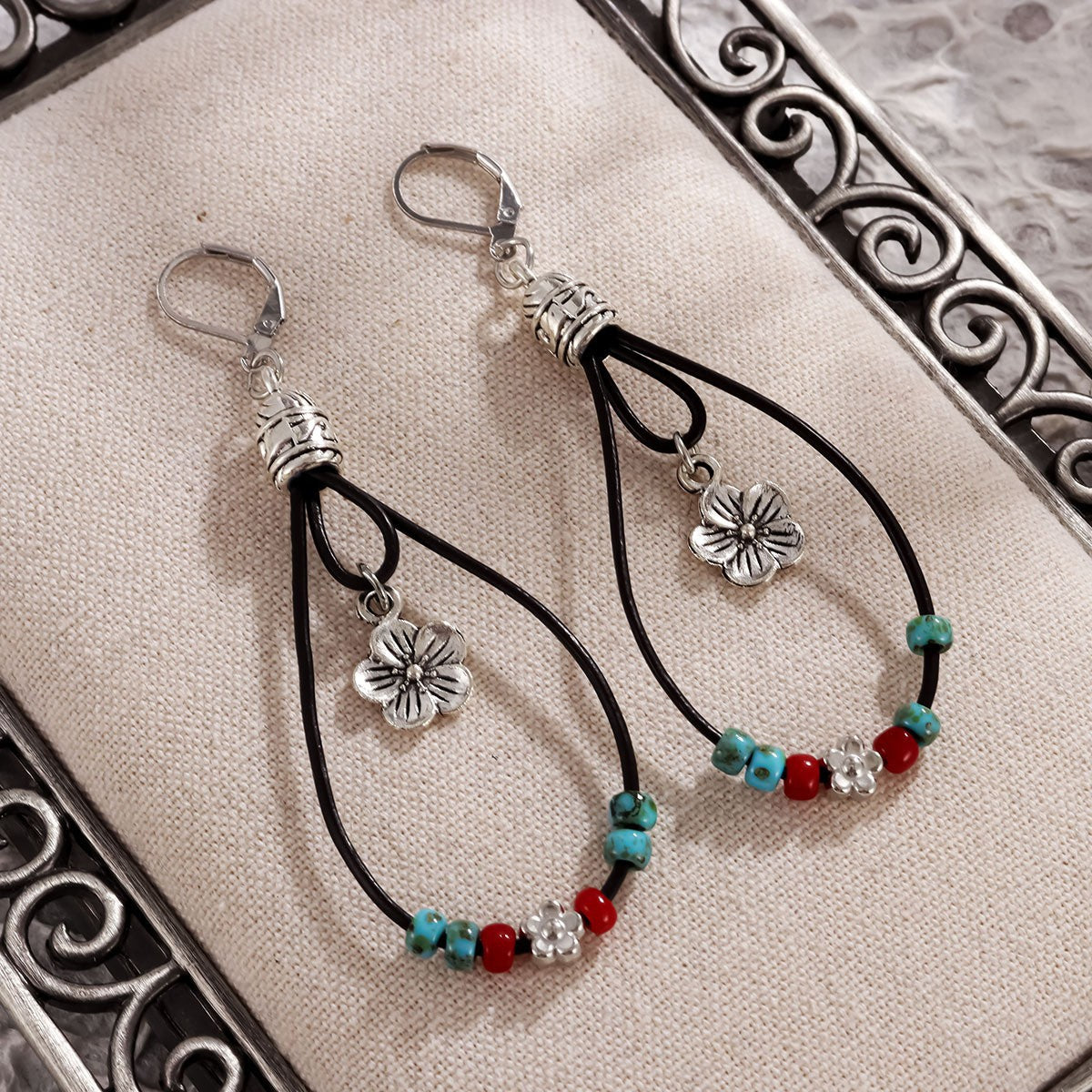 Bohemian Flowers Earrings For Women Featuring Beading Craft With Jade Inlay And Zinc Alloy Material