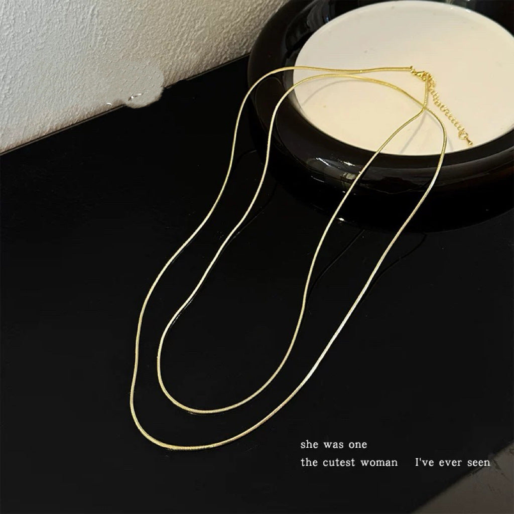 Double Layer Lines Necklace In Gold Featuring Titanium Steel Snake Chain For Unisex
