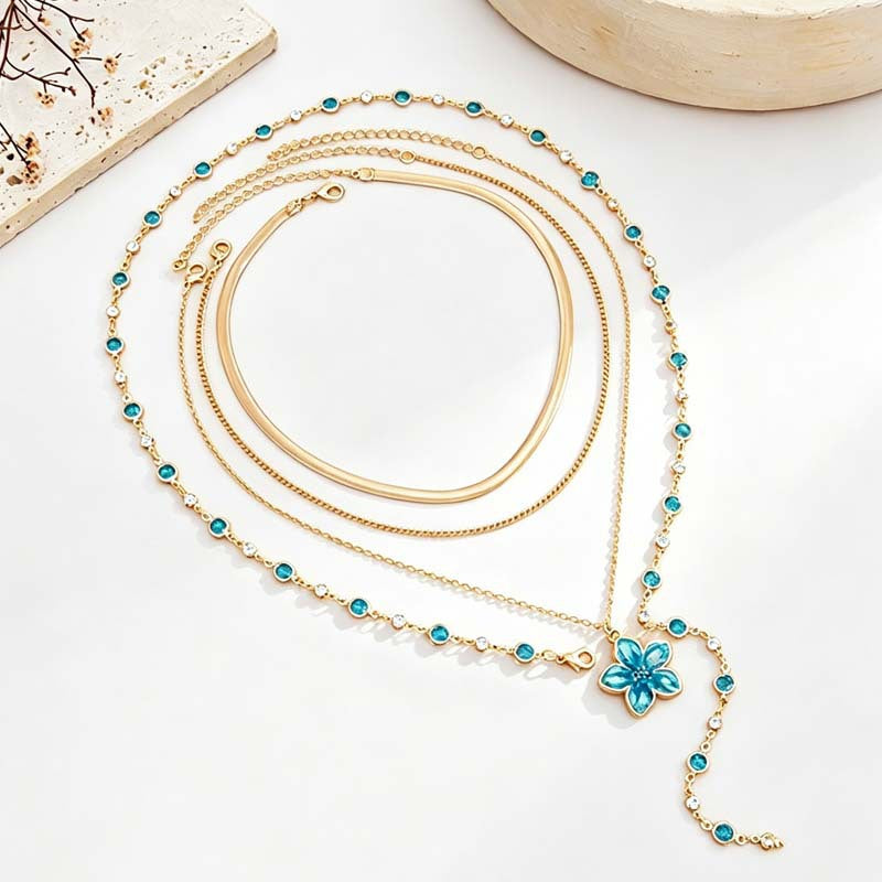 Gold Electroplated Layered Necklace With Zinc Alloy Flower Pendant For Women