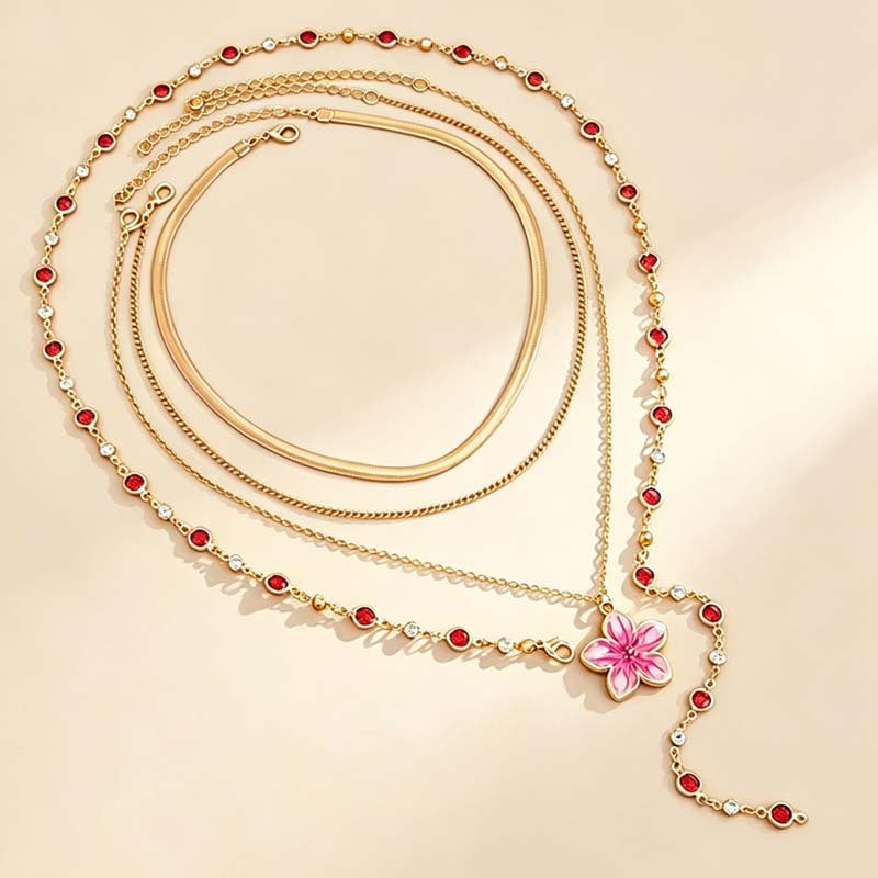 Gold Electroplated Layered Necklace With Zinc Alloy Flower Pendant For Women