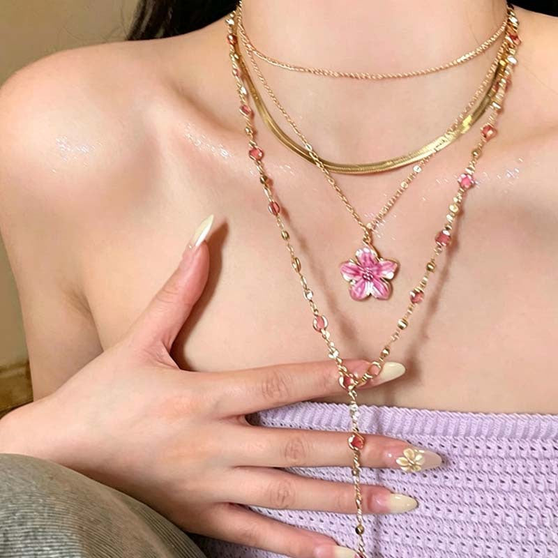 Gold Electroplated Layered Necklace With Zinc Alloy Flower Pendant For Women