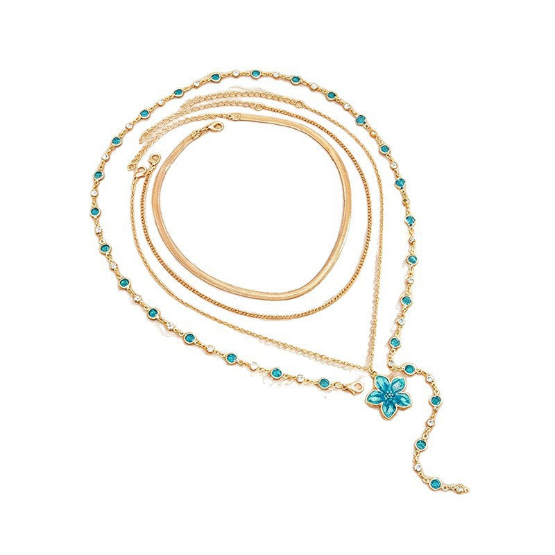 Gold Electroplated Layered Necklace With Zinc Alloy Flower Pendant For Women