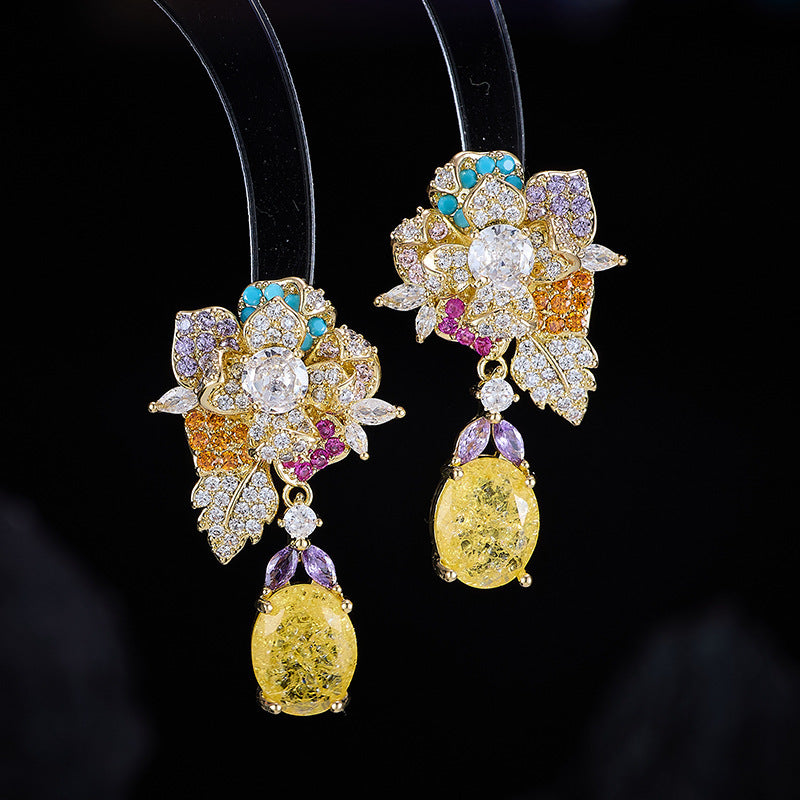 Elaborate Flowers Earrings For Women Featuring Copper Material And Zircon Inlay With 925 Sterling Silver Ear Pins In Colour