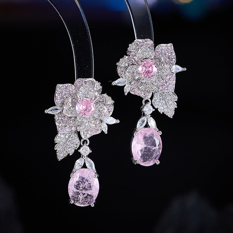 Elaborate Flowers Earrings For Women Featuring Copper Material And Zircon Inlay With 925 Sterling Silver Ear Pins In Colour