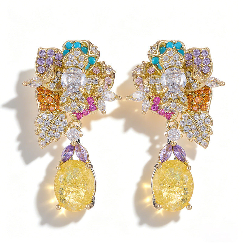Elaborate Flowers Earrings For Women Featuring Copper Material And Zircon Inlay With 925 Sterling Silver Ear Pins In Colour