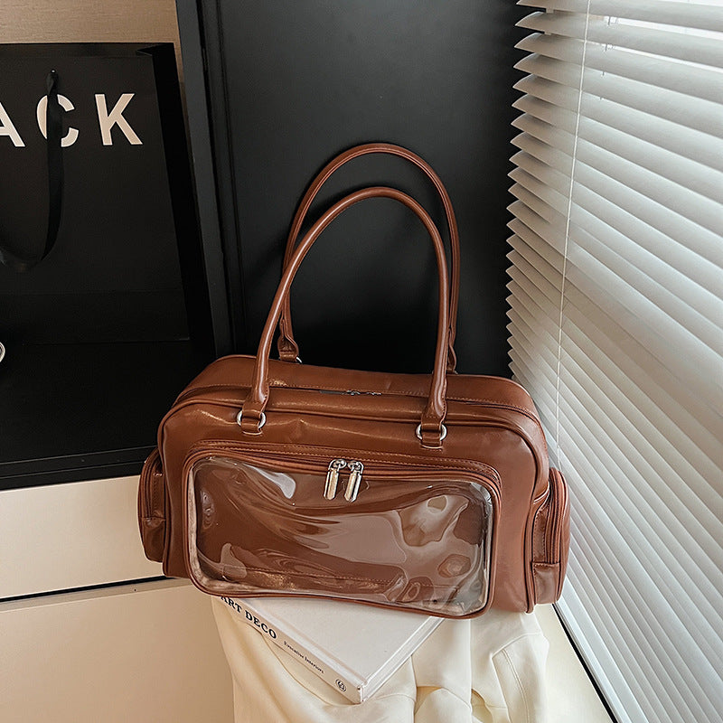 Cartoon Transparent Square PU Leather Tote Bag For Women With Single Shoulder Strap And Large Capacity