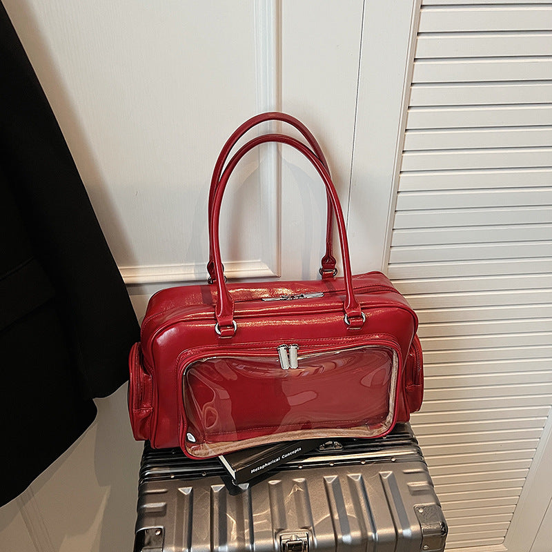 Cartoon Transparent Square PU Leather Tote Bag For Women With Single Shoulder Strap And Large Capacity
