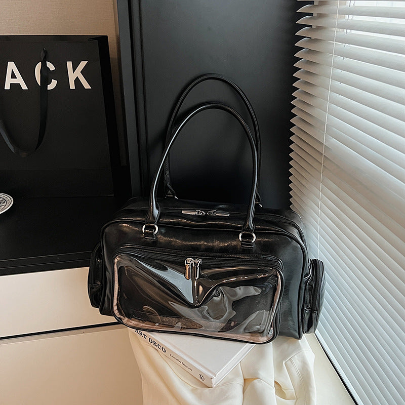 Cartoon Transparent Square PU Leather Tote Bag For Women With Single Shoulder Strap And Large Capacity