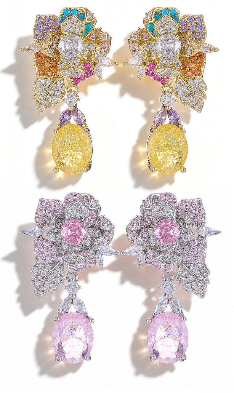 Elaborate Flowers Earrings For Women Featuring Copper Material And Zircon Inlay With 925 Sterling Silver Ear Pins In Colour