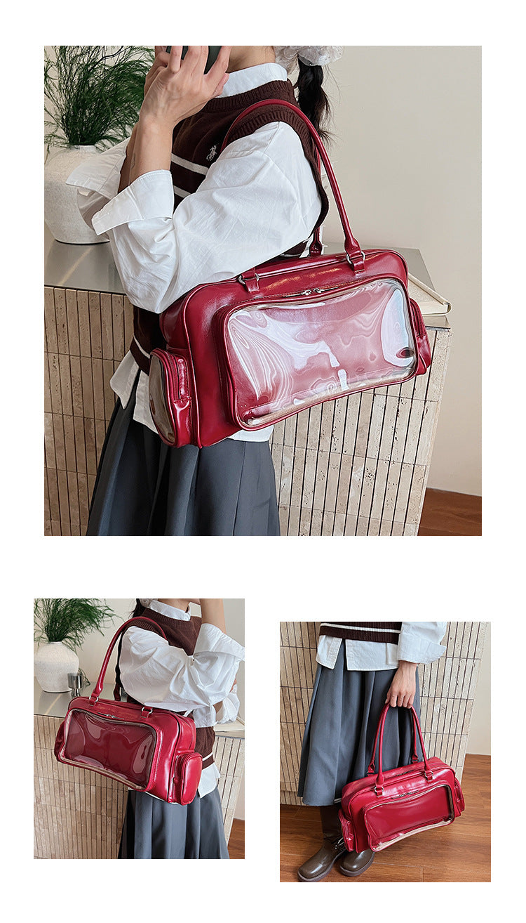 Cartoon Transparent Square PU Leather Tote Bag For Women With Single Shoulder Strap And Large Capacity
