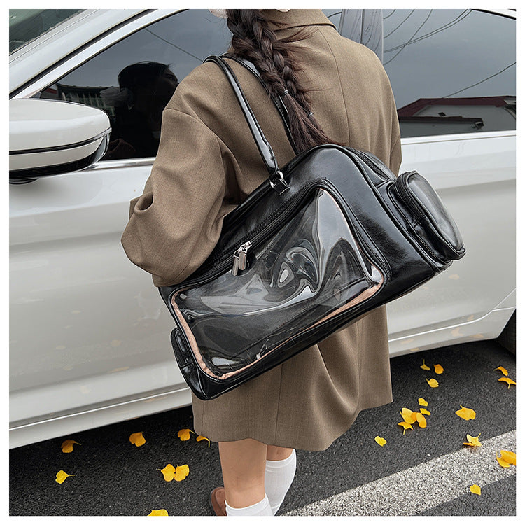 Cartoon Transparent Square PU Leather Tote Bag For Women With Single Shoulder Strap And Large Capacity
