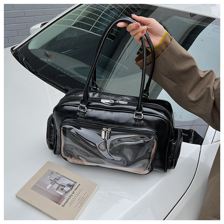 Cartoon Transparent Square PU Leather Tote Bag For Women With Single Shoulder Strap And Large Capacity