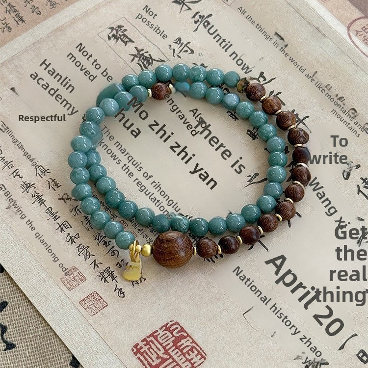 Ethnic Style Double Ring Beaded Bracelet In Blue Wood With Chalcedony Inlay For Unisex