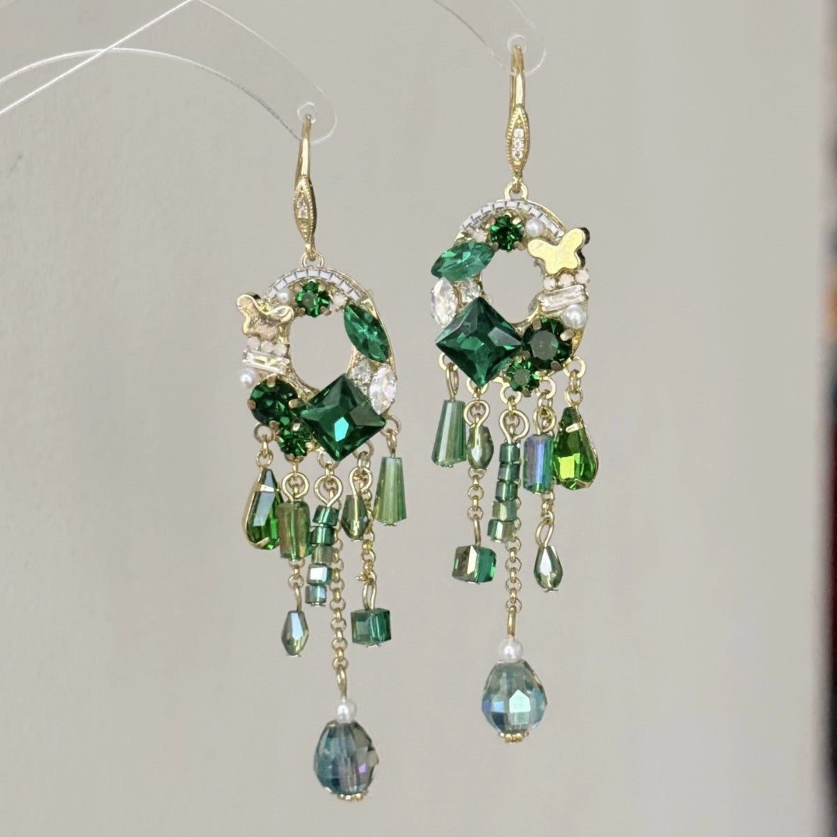 Bohemian Tassel Earrings For Women In Green Alloy With Rhinestone Inlay
