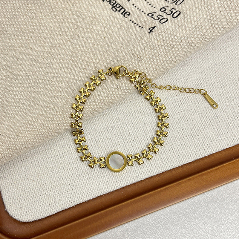 Leaf Pattern Women’s Bracelet In Titanium Steel With 18K Real Gold Electroplated Finish, Available In Gold