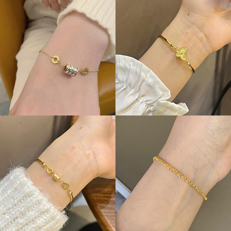 Leaf Pattern Women’s Bracelet In Titanium Steel With 18K Real Gold Electroplated Finish, Available In Gold