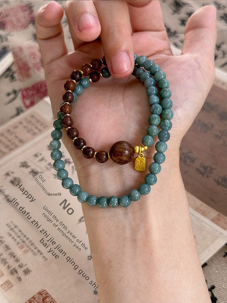Ethnic Style Double Ring Beaded Bracelet In Blue Wood With Chalcedony Inlay For Unisex