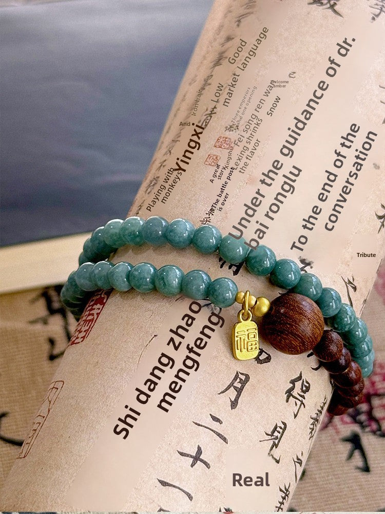 Ethnic Style Double Ring Beaded Bracelet In Blue Wood With Chalcedony Inlay For Unisex