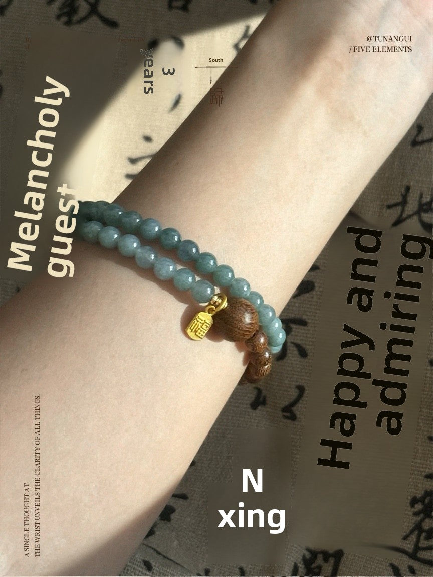 Ethnic Style Double Ring Beaded Bracelet In Blue Wood With Chalcedony Inlay For Unisex