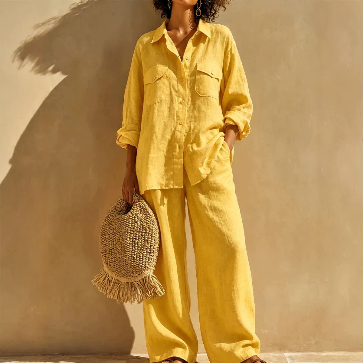 Solid Color Casual Linen Long Sleeve Top With Wide Leg Pants 2 Pieces Set For Summer