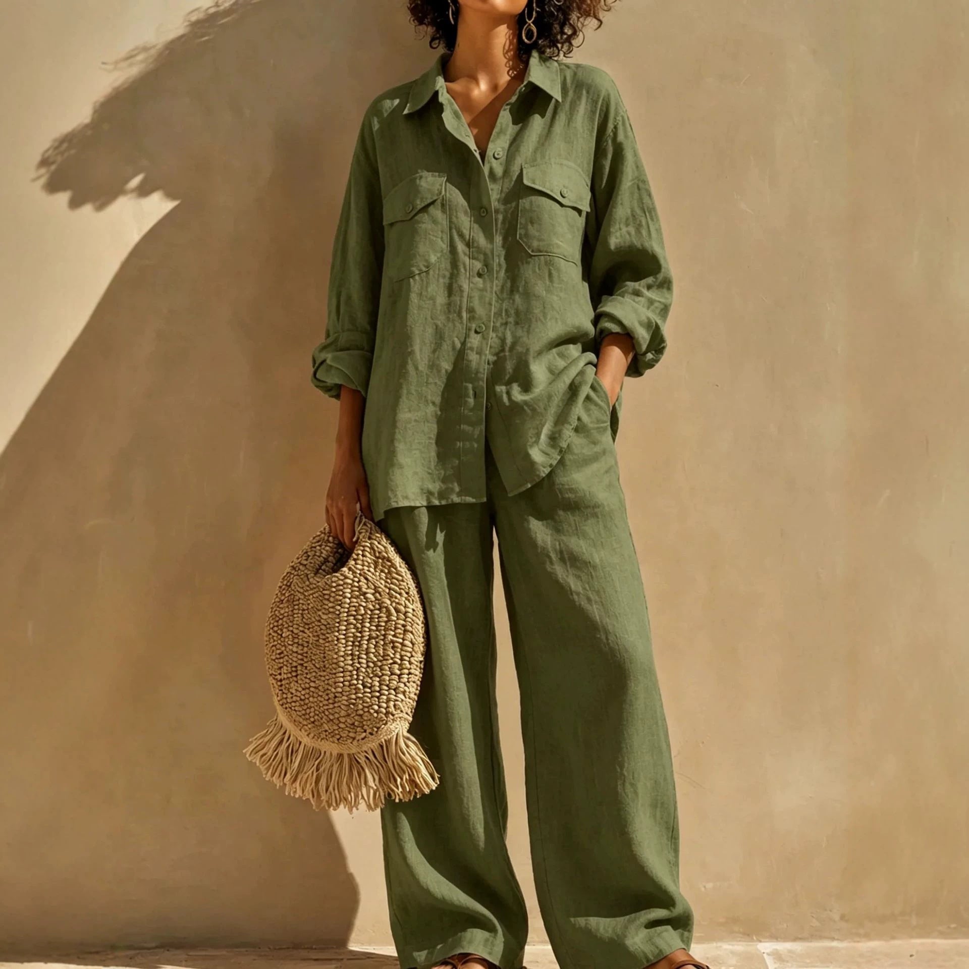 Solid Color Casual Linen Long Sleeve Top With Wide Leg Pants 2 Pieces Set For Summer
