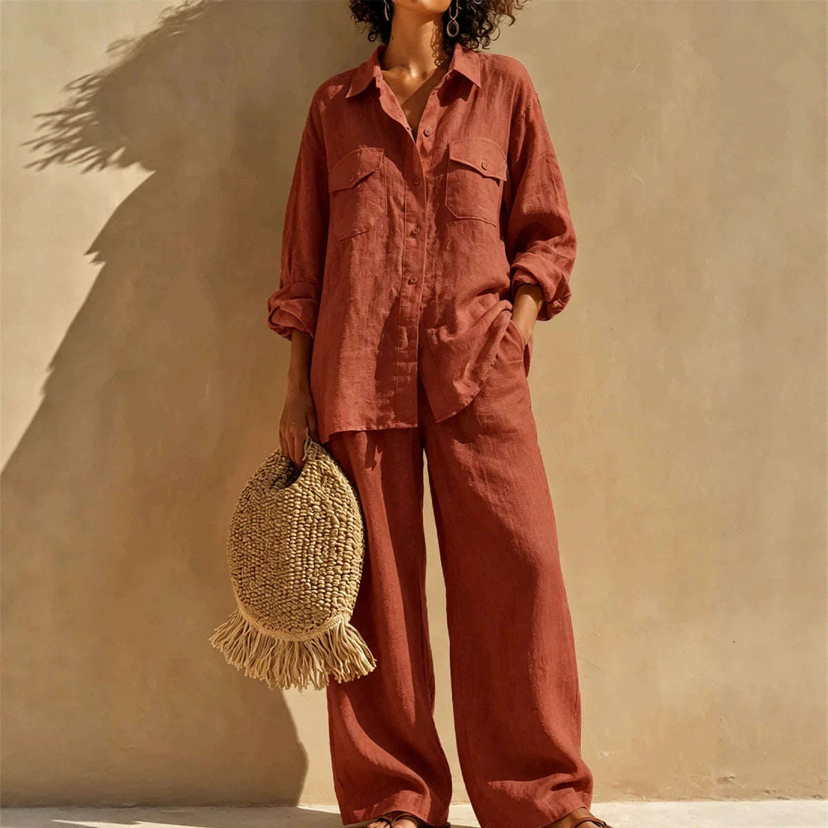 Solid Color Casual Linen Long Sleeve Top With Wide Leg Pants 2 Pieces Set For Summer