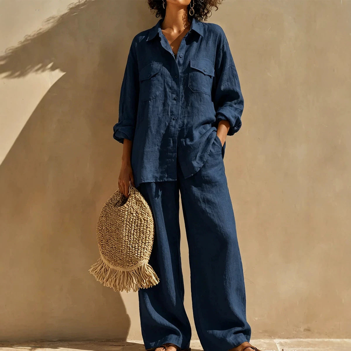 Solid Color Casual Linen Long Sleeve Top With Wide Leg Pants 2 Pieces Set For Summer
