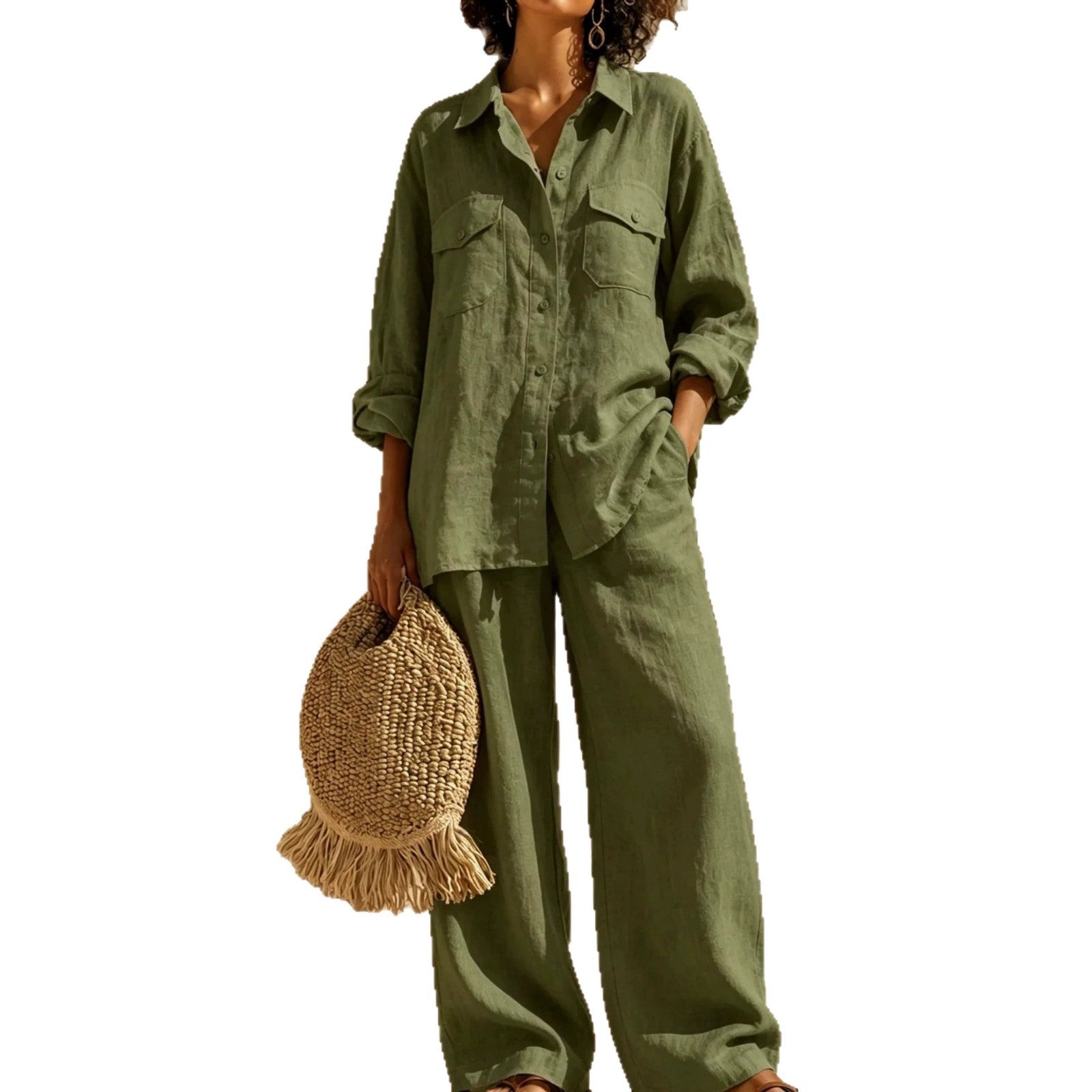 Solid Color Casual Linen Long Sleeve Top With Wide Leg Pants 2 Pieces Set For Summer