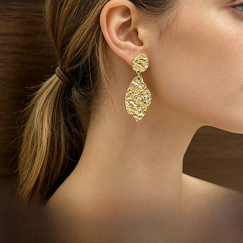 Hammered Leaves Earrings For Women With 304 Stainless Steel Ear Pins And PVD Coated Gold Plating