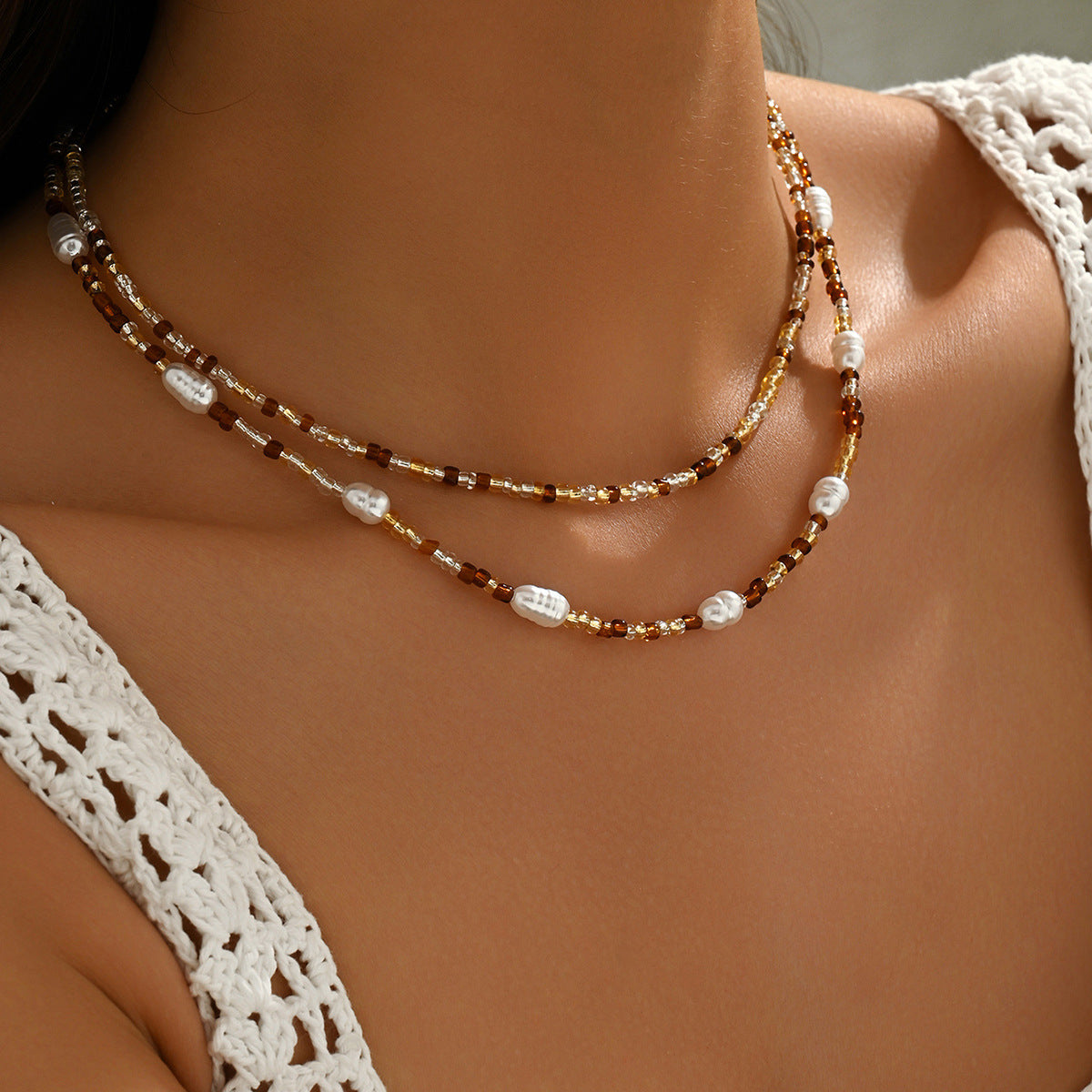 Ocean Pattern Marine Style Necklace For Women With Beige Seed Bead Craft And Beaded Chain
