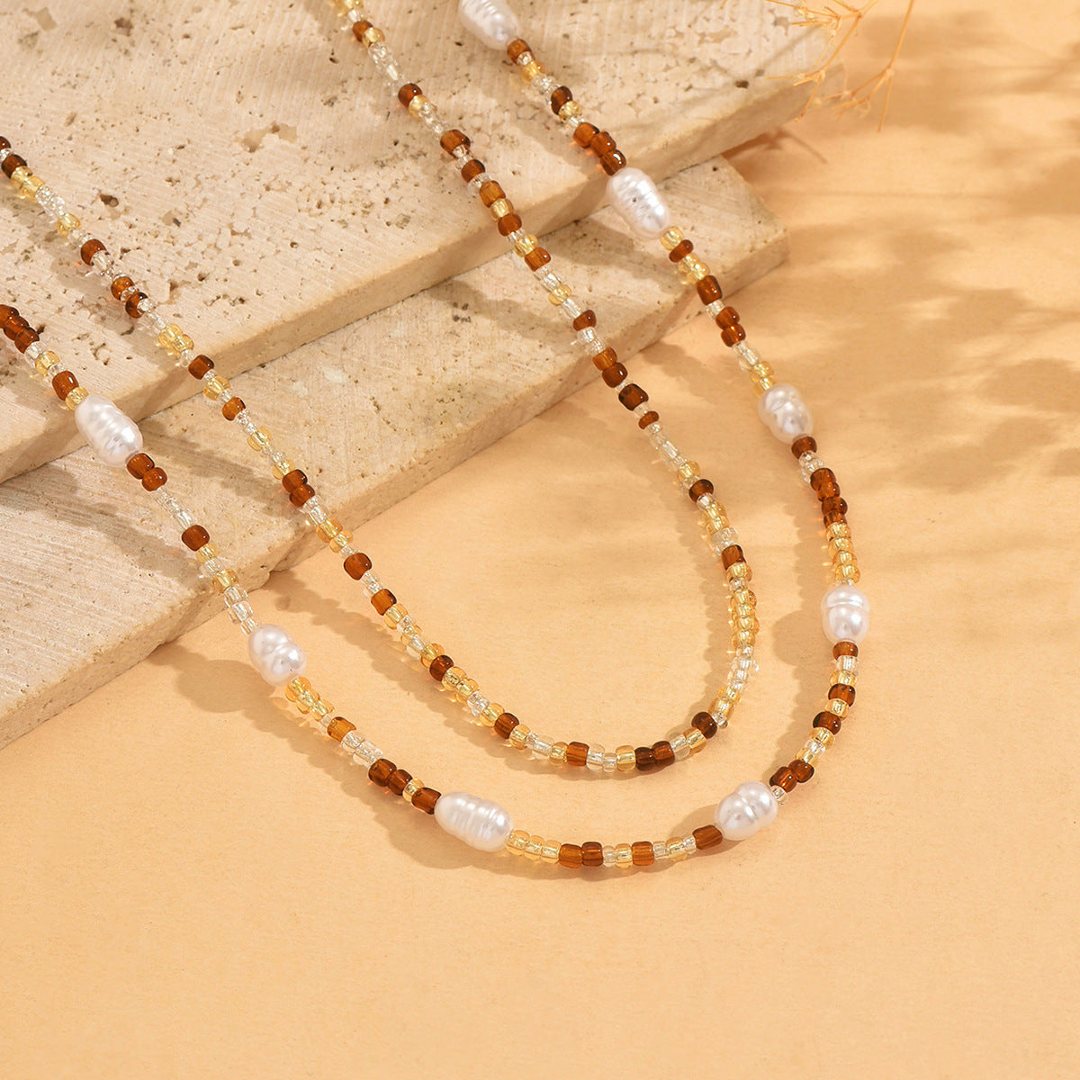 Ocean Pattern Marine Style Necklace For Women With Beige Seed Bead Craft And Beaded Chain