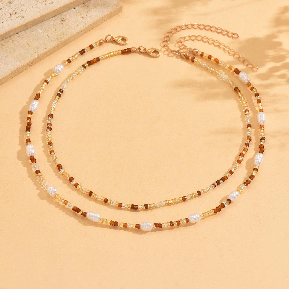 Ocean Pattern Marine Style Necklace For Women With Beige Seed Bead Craft And Beaded Chain