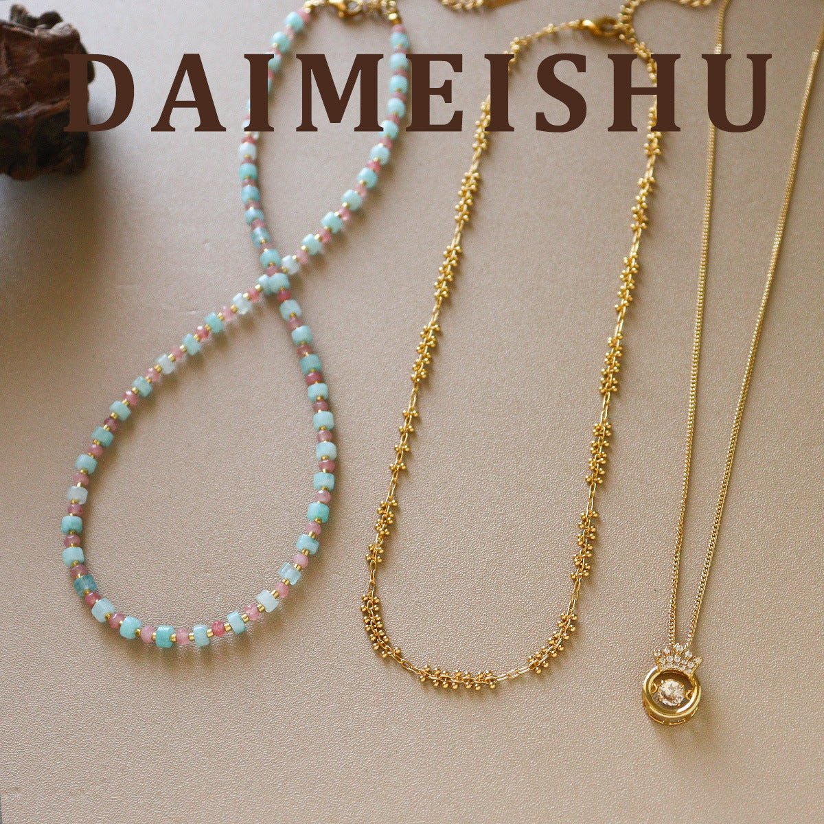 Crown Beading Pendant Necklace In Mixed Materials With Zircon Inlay And Beaded Chain, Copper Pendant For Women