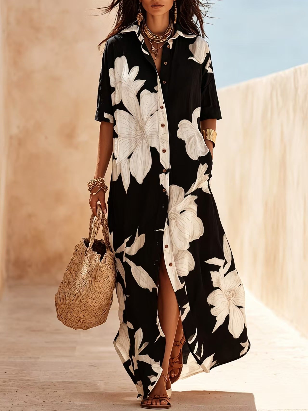 Bohemian Short Sleeve Boho Dress With Round Neck In Polyester Fabric, Perfect For Beach Occasion