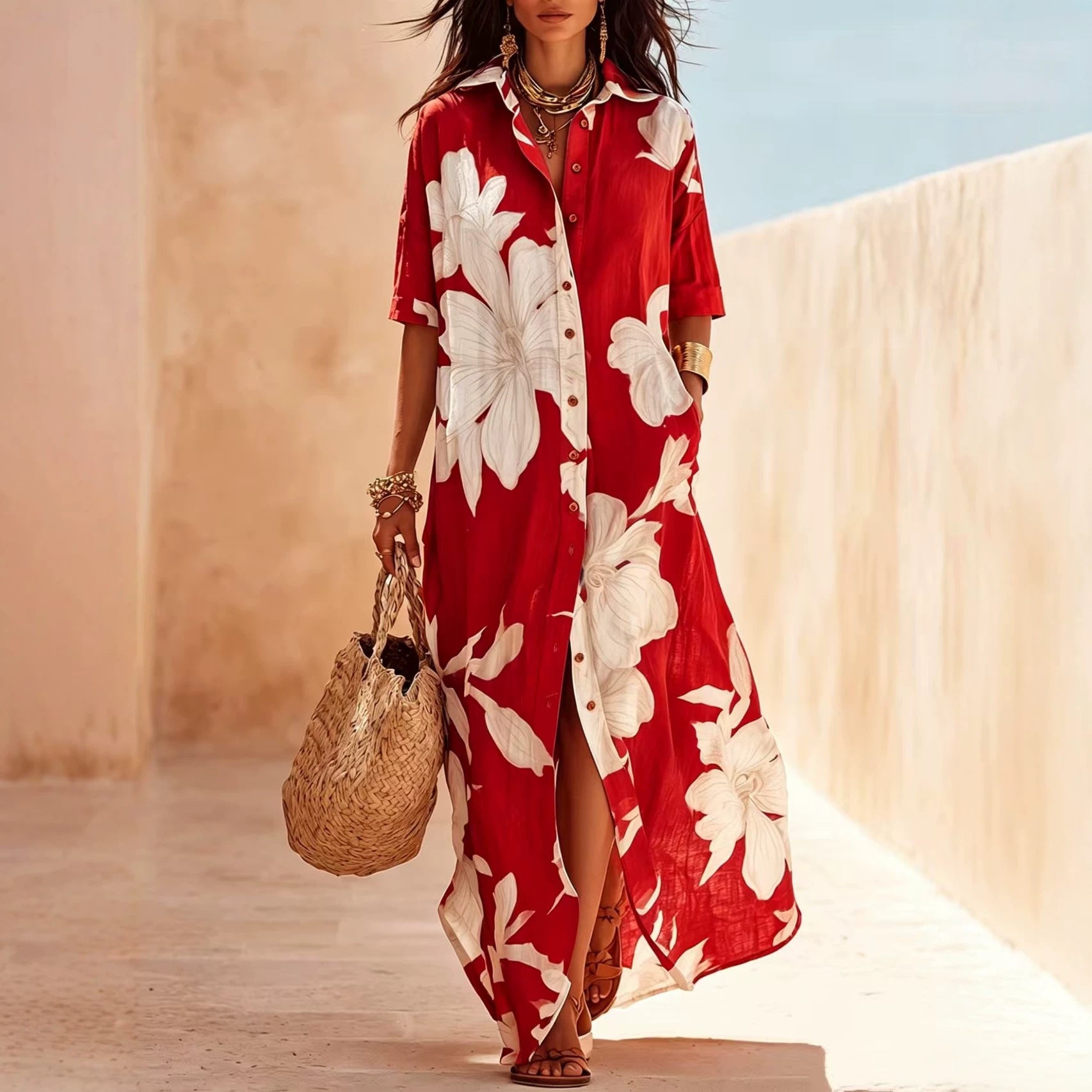 Bohemian Short Sleeve Boho Dress With Round Neck In Polyester Fabric, Perfect For Beach Occasion