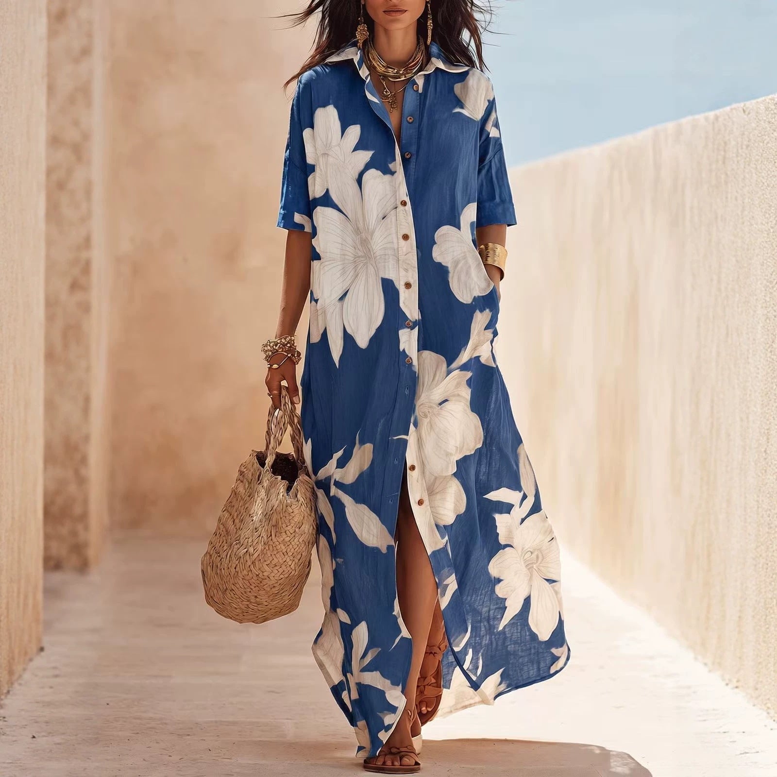Bohemian Short Sleeve Boho Dress With Round Neck In Polyester Fabric, Perfect For Beach Occasion