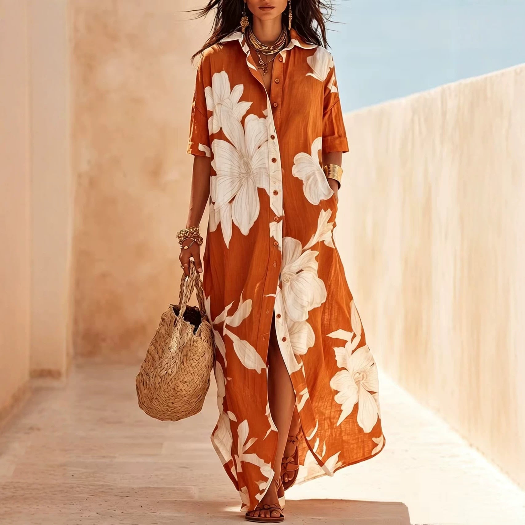Bohemian Short Sleeve Boho Dress With Round Neck In Polyester Fabric, Perfect For Beach Occasion