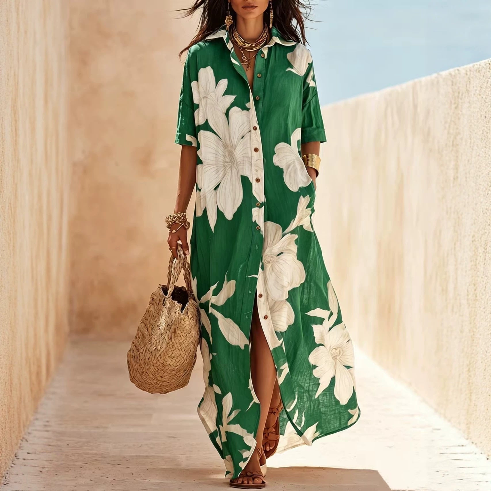 Bohemian Short Sleeve Boho Dress With Round Neck In Polyester Fabric, Perfect For Beach Occasion
