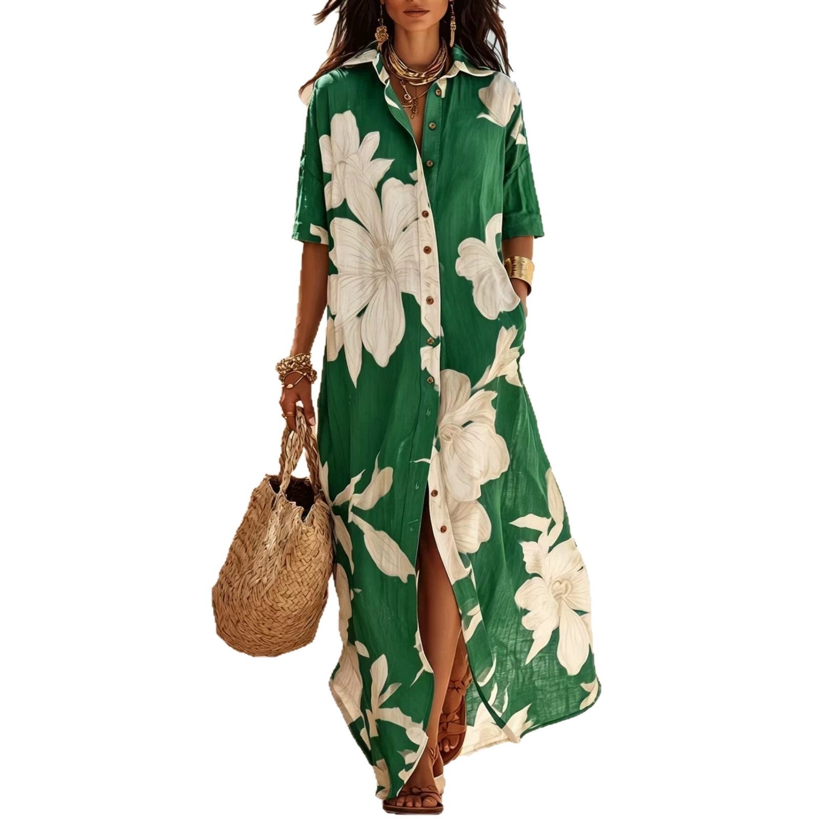 Bohemian Short Sleeve Boho Dress With Round Neck In Polyester Fabric, Perfect For Beach Occasion