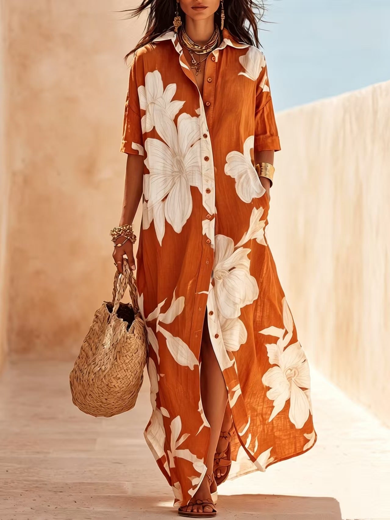 Bohemian Short Sleeve Boho Dress With Round Neck In Polyester Fabric, Perfect For Beach Occasion