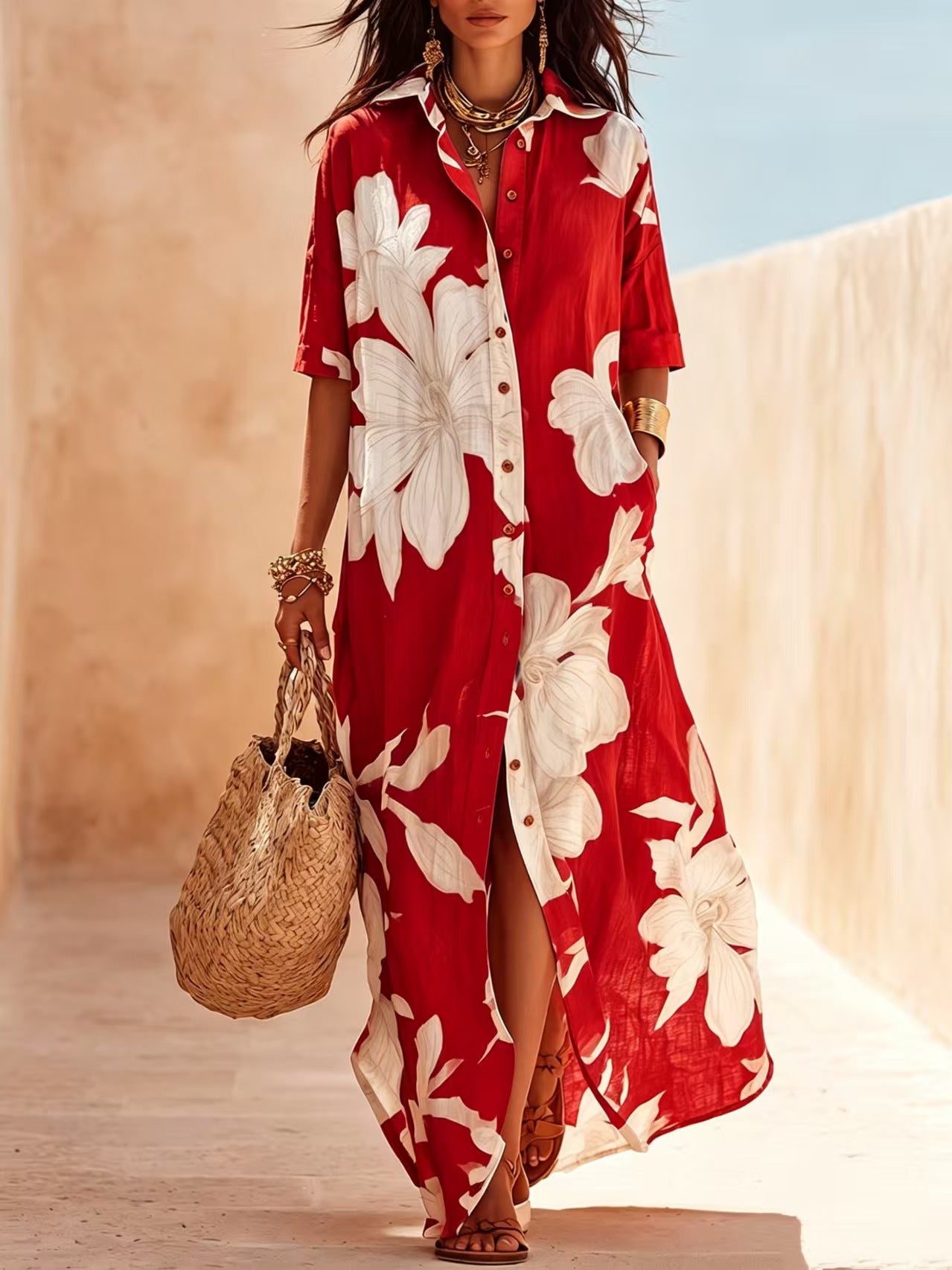 Bohemian Short Sleeve Boho Dress With Round Neck In Polyester Fabric, Perfect For Beach Occasion