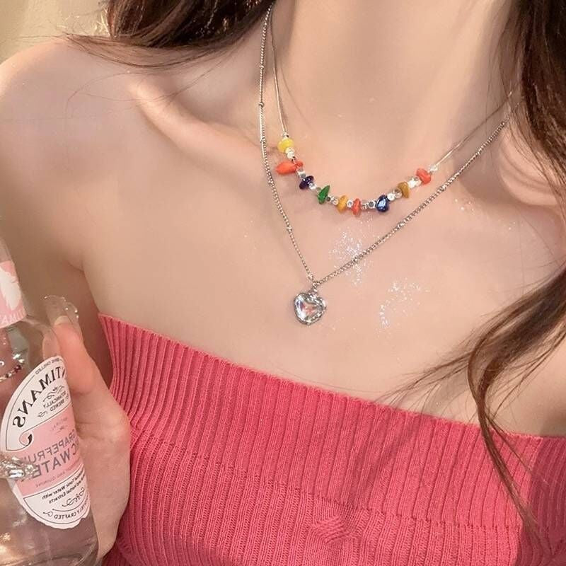 Heart Shape Double Layer Necklace For Women With Alloy Pendant And Beaded Chain In Colour