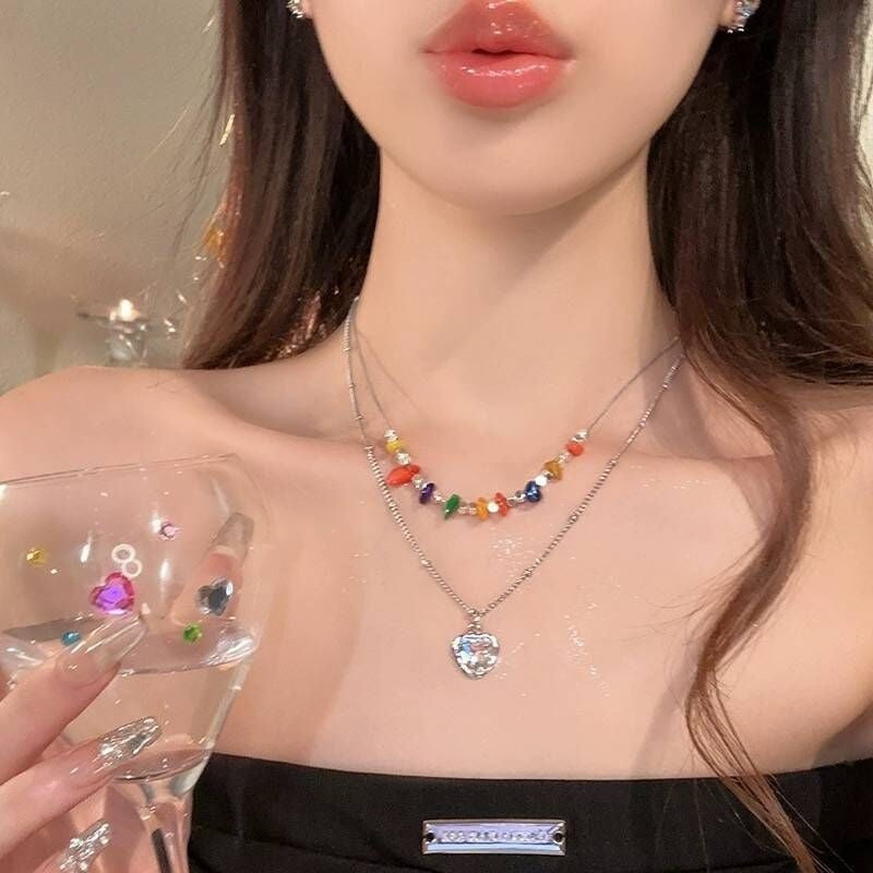 Heart Shape Double Layer Necklace For Women With Alloy Pendant And Beaded Chain In Colour