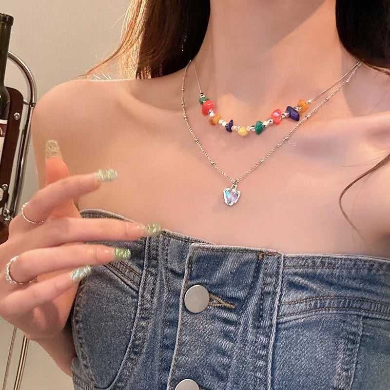 Heart Shape Double Layer Necklace For Women With Alloy Pendant And Beaded Chain In Colour