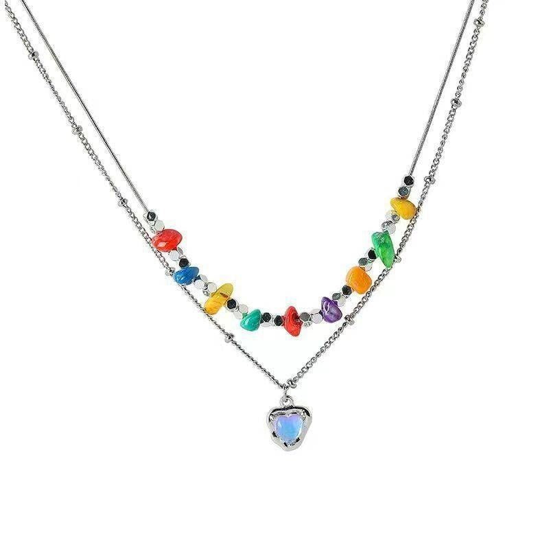Heart Shape Double Layer Necklace For Women With Alloy Pendant And Beaded Chain In Colour