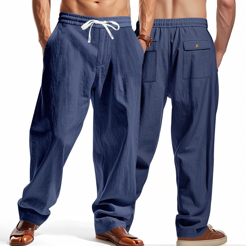 Men's Casual Solid Color Linen Straight Full Length Pants For Everyday Wear