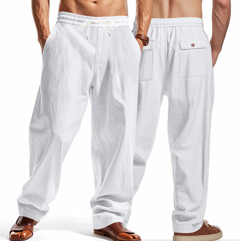 Men's Casual Solid Color Linen Straight Full Length Pants For Everyday Wear